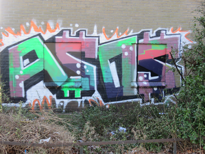 833340 Afbeelding van onlangs aangebrachte graffiti met de tekst 'ASOS', op de zijgevel van een flat aan de Talmalaan ...